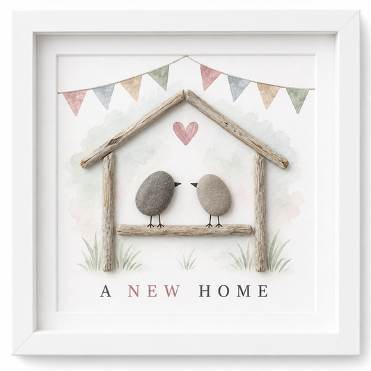 Kieselsteinbild A New Home mit Vogelpaar – Einzugsgeschenk, handgemachtes Steinbild