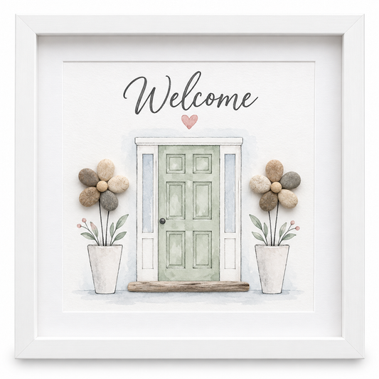 Kieselsteinbild Welcome mit Haustür-Motiv – Einzugsgeschenk, handgemachtes Steinbild