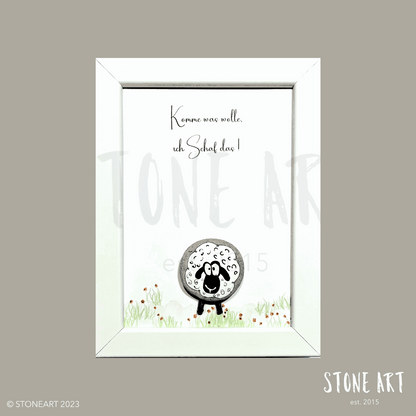 Handgemachtes Steinbild mit Spruch Komme was Wolle – ich schaf das, Schaf-Motiv aus Stein, Geschenk zur Motivation
