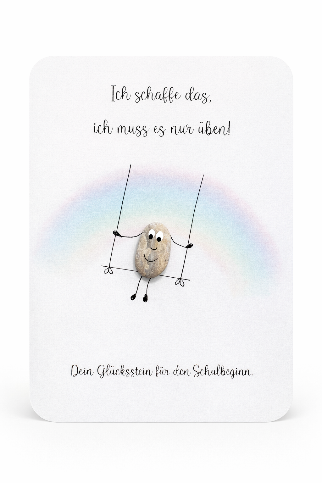 Handgemachte weiße Klappkarte mit Kieselstein, mit Spruch „Ich schaff das"