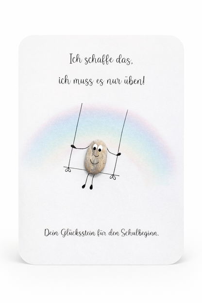 Handgemachte weiße Klappkarte mit Kieselstein, mit Spruch „Ich schaff das"