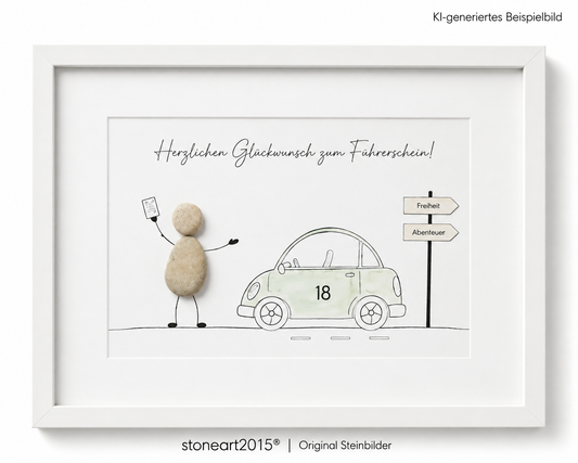 Kieselsteinbild Herzlichen Glückwunsch Auto mit 18 – Geschenk zum Führerschein, handgemachtes Steinbild