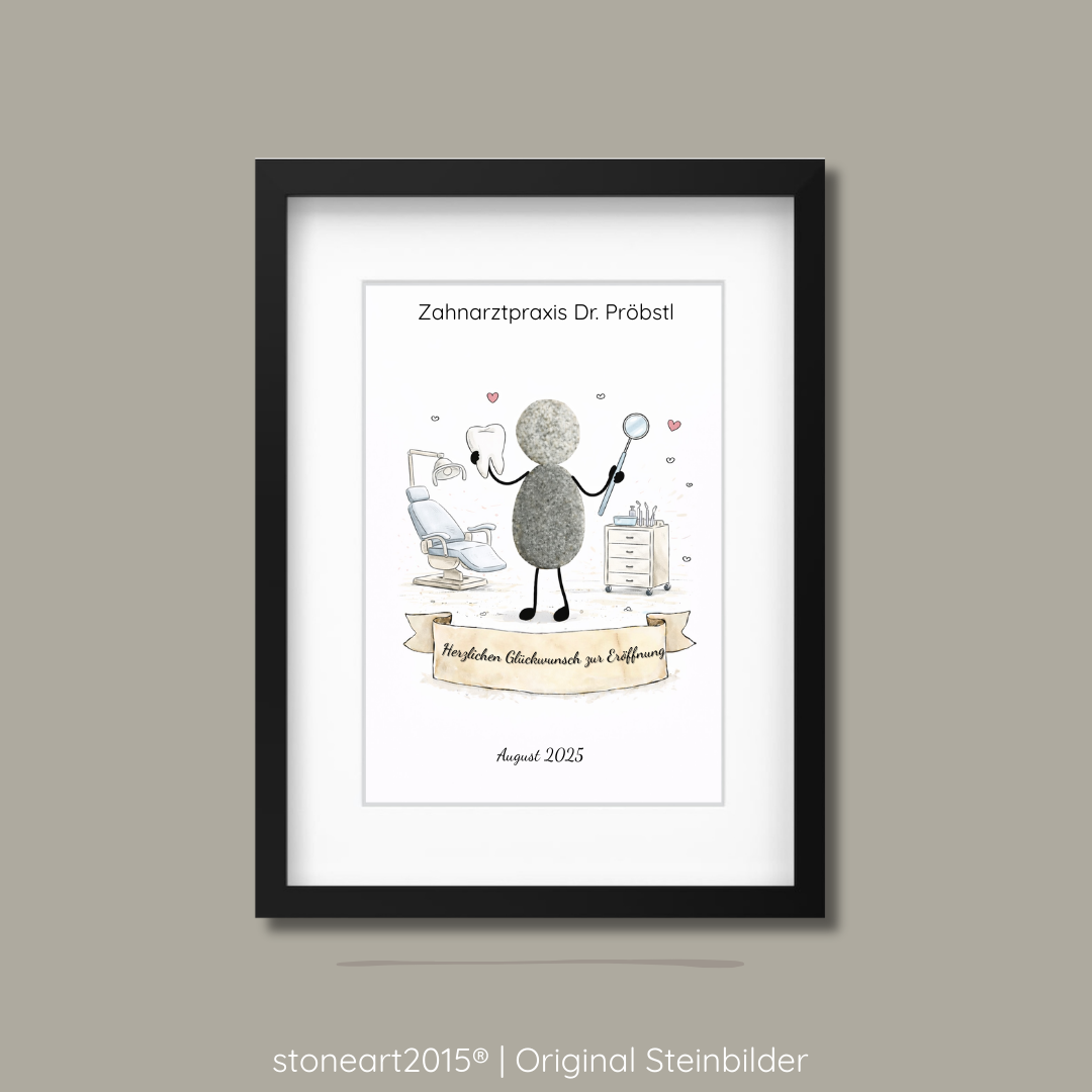 Handgemachtes Steinbild aus Naturkieseln als Geschenk zur Eröffnung einer Zahnarztpraxis.