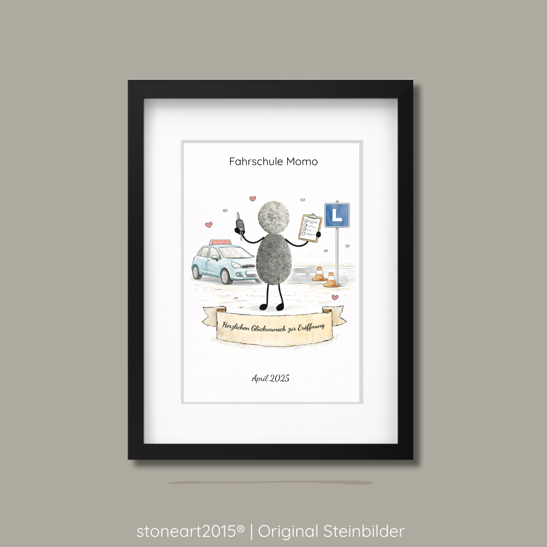 Handgemachtes Steinbild aus Naturkieseln als Geschenk zur Eröffnung einer Fahrschule.