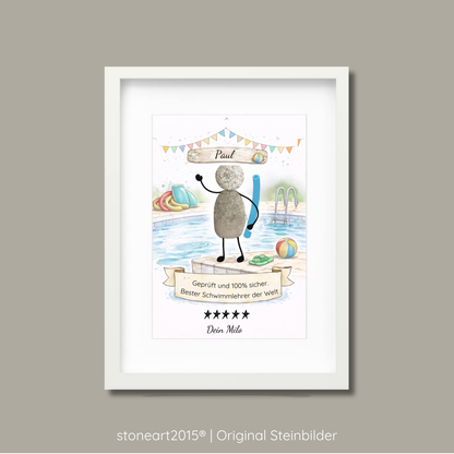 Handgemachtes Steinbild aus Naturkieseln als Geschenk für Schwimmlehrer oder Schwimmschule.