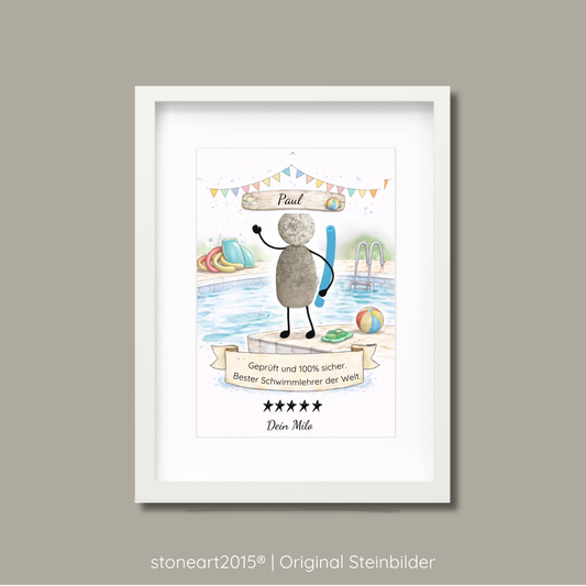 Handgemachtes Steinbild aus Naturkieseln als Geschenk für Schwimmlehrer oder Schwimmschule.