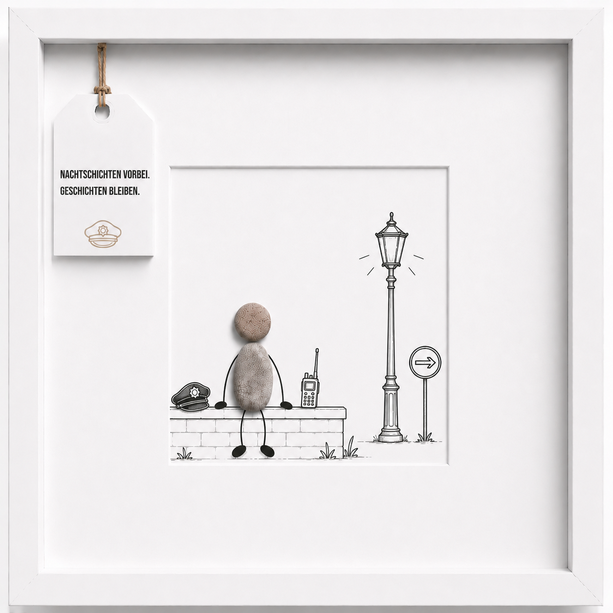 Kieselsteinbild Nachtschichten vorbei Geschichten bleiben, Geschenk für Polizei, handgemachtes Steinbild