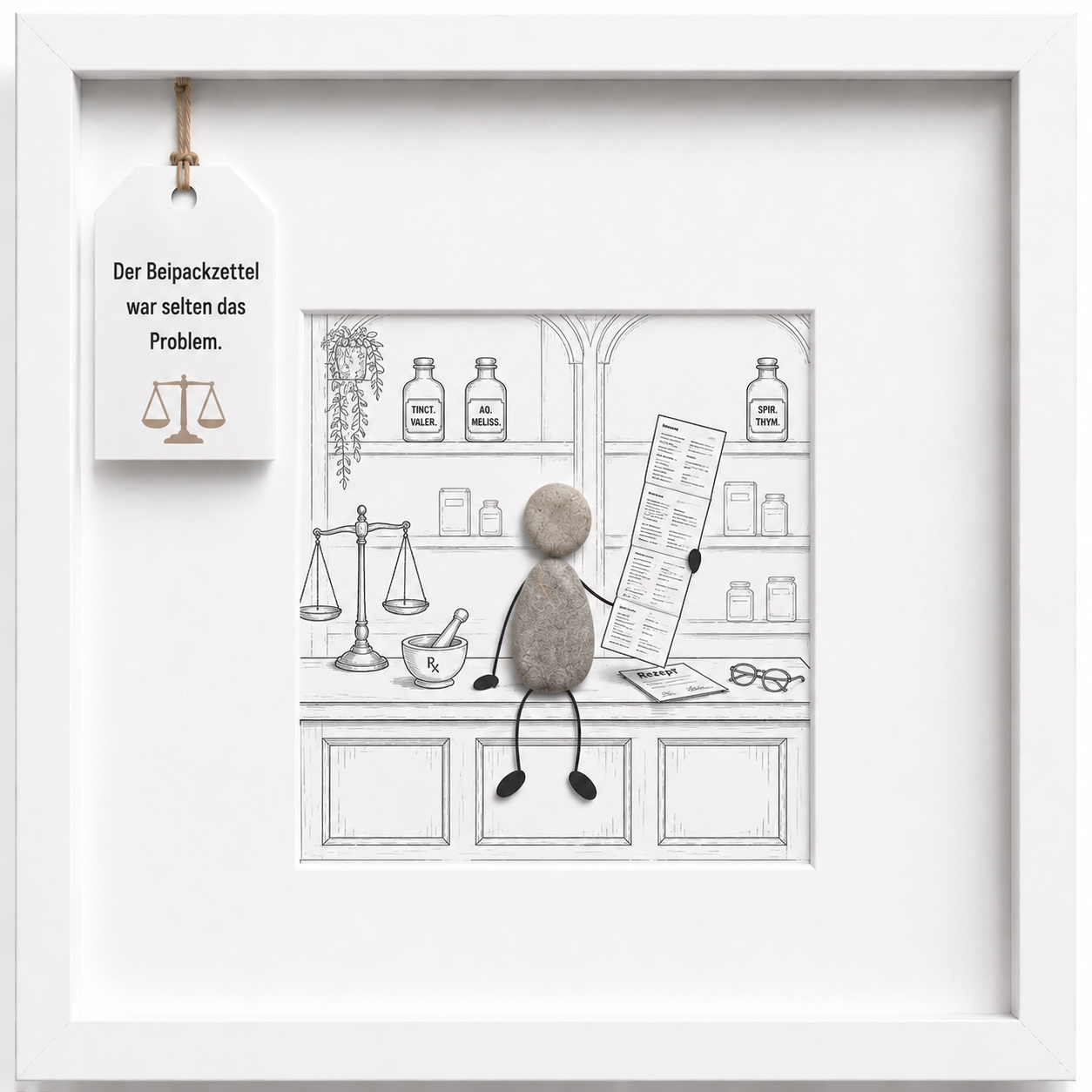 Kieselsteinbild Der Beipackzettel war selten das Problem, Geschenk für Apotheker, handgemachtes Steinbild