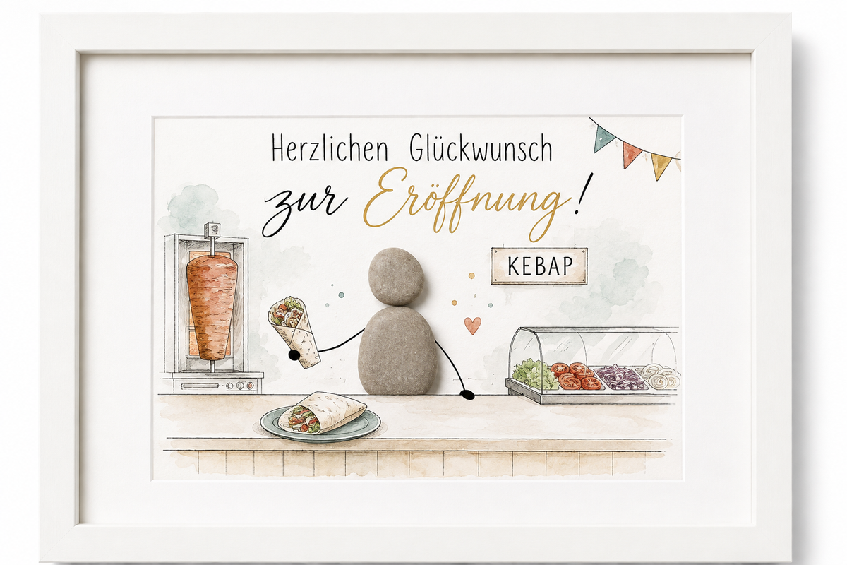Kieselsteinbild Herzlichen Glückwunsch zur Eröffnung Kebap – Geschenk zur Geschäftseröffnung, handgemachtes Steinbild