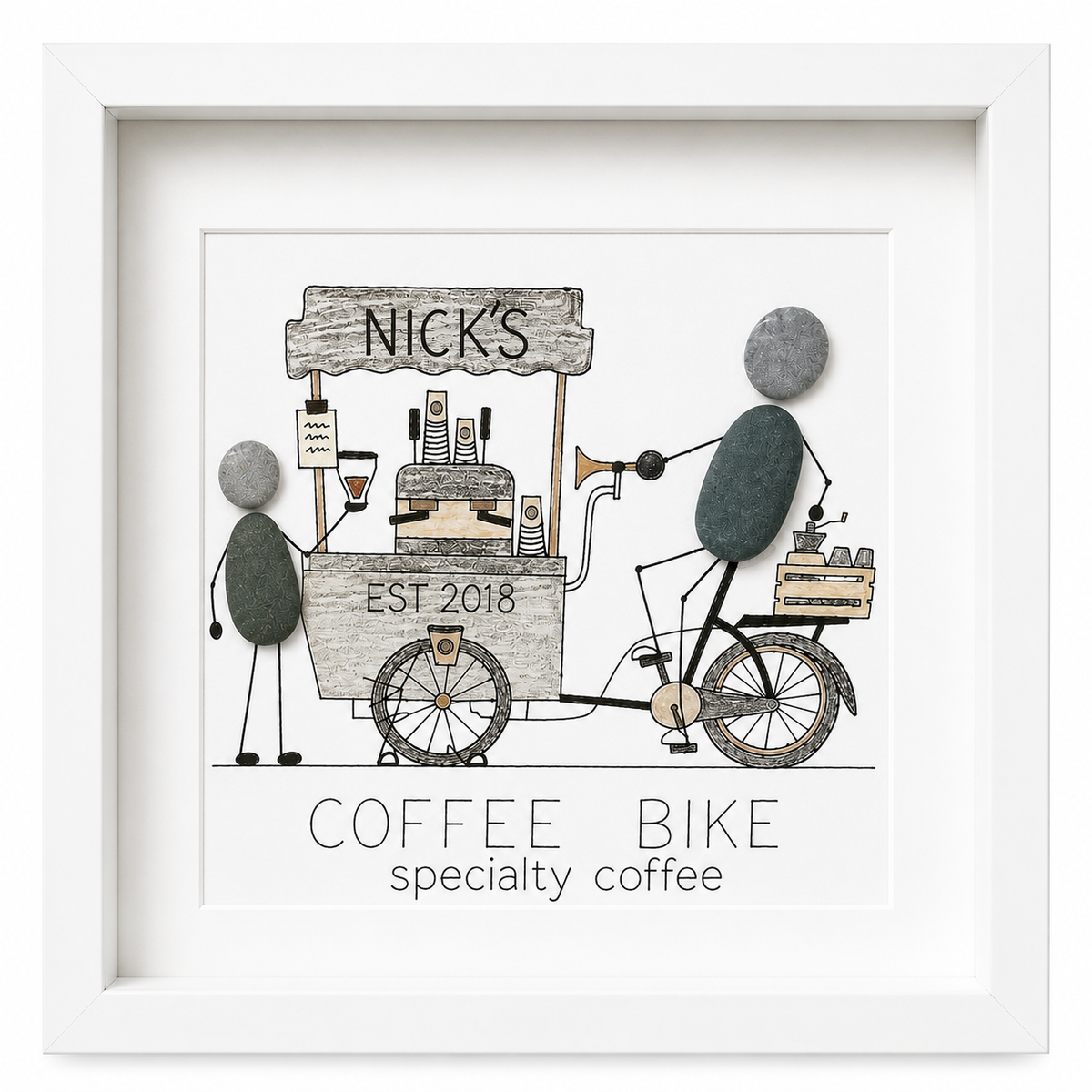 Kieselsteinbild Coffee Bike specialty coffee – personalisierbares Geschenk zur Eröffnung, handgemachtes Steinbild