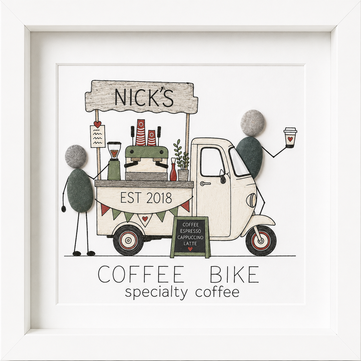Kieselsteinbild Coffee Bike specialty coffee – personalisierbares Geschenk zur Eröffnung, handgemachtes Steinbild