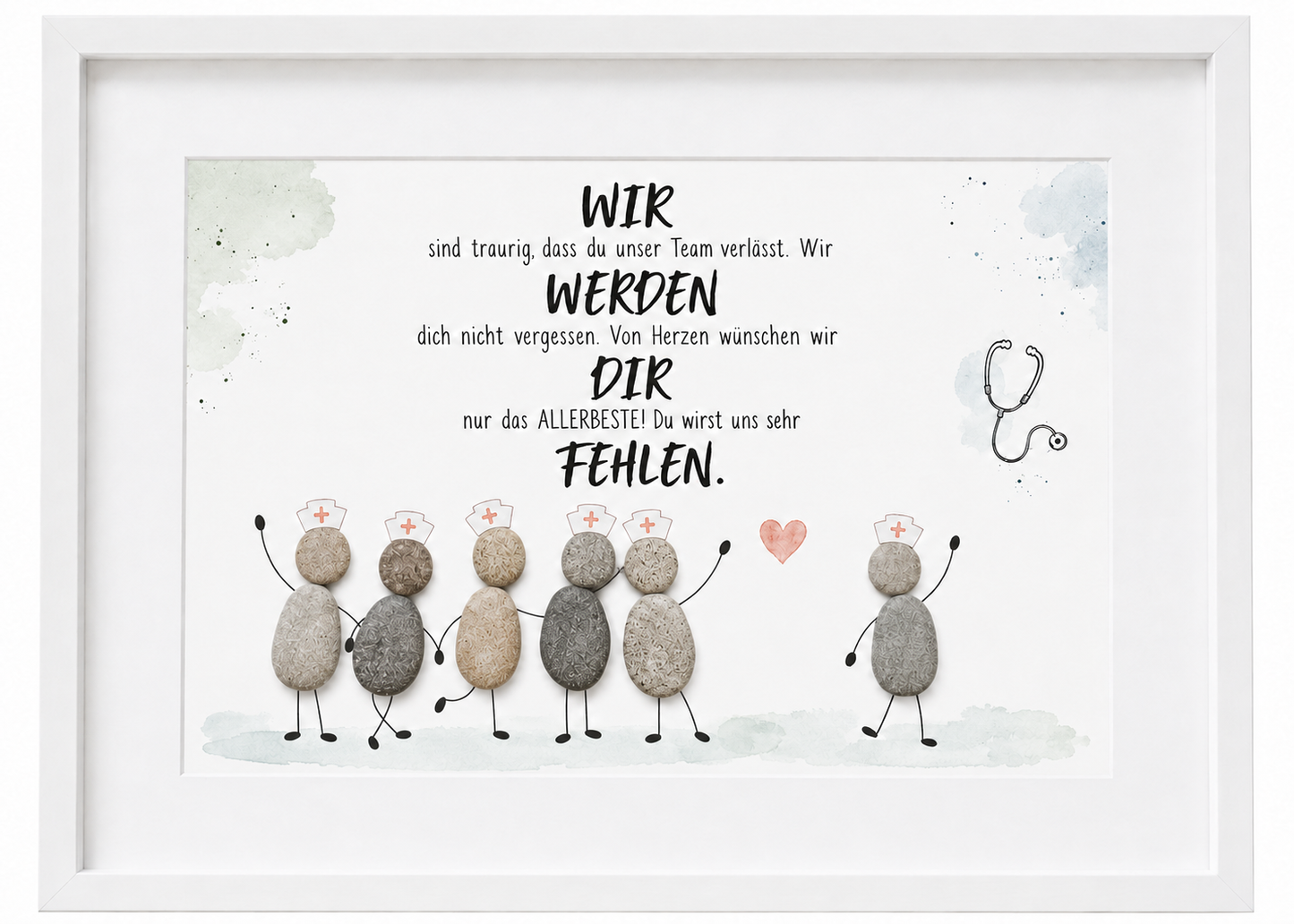 Kieselsteinbild Wir werden dich nicht vergessen – Abschiedsgeschenk für Kollegen, handgemachtes Steinbild