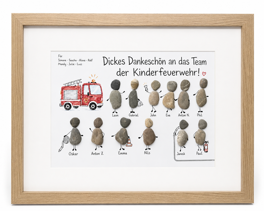 Kieselsteinbild Dickes Dankeschön an das Team der Kinderfeuerwehr – personalisierbares Team-Dankeschön, handgemachtes Steinbild