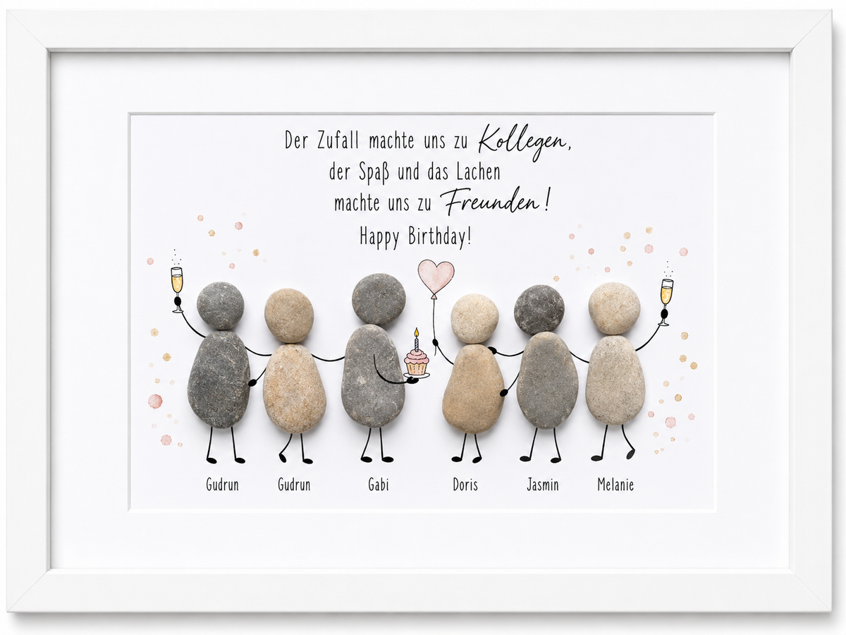 Kieselsteinbild Der Zufall machte uns zu Kollegen, der Spaß und das Lachen machte uns zu Freunden – personalisierbares Geburtstagsgeschenk für Kollegen, handgemachtes Steinbild