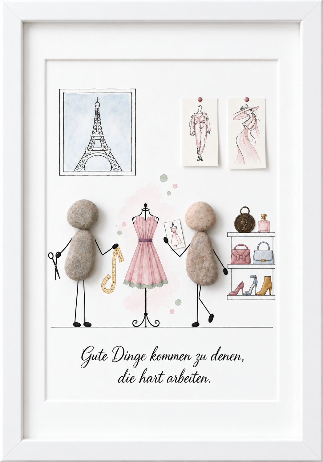 Kieselsteinbild Gute Dinge kommen zu denen, die hart arbeiten – Geschenk für Modedesignerin, handgemachtes Steinbild