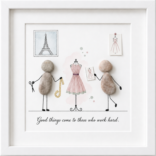 Kieselsteinbild Good things come to those who work hard – Geschenk für Modedesignerin, handgemachtes Steinbild
