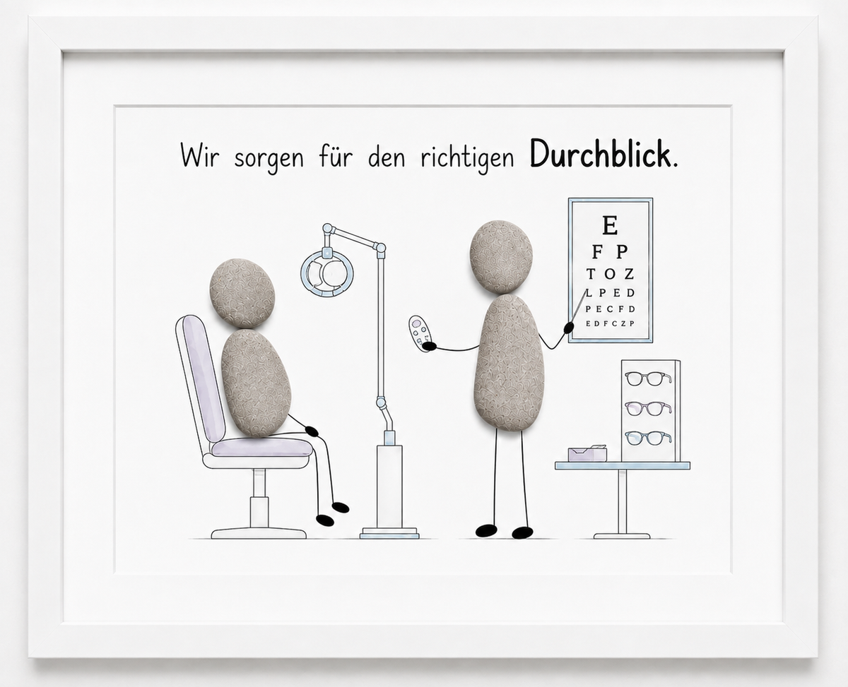 Kieselsteinbild Wir sorgen für den richtigen Durchblick – Geschäftseröffnung Optiker, handgemachtes Steinbild