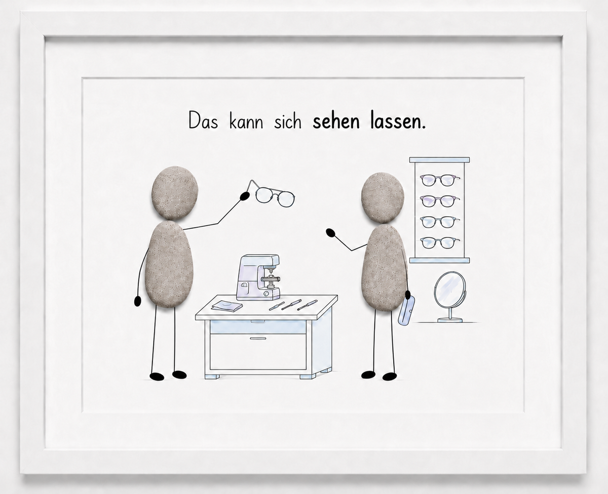 Kieselsteinbild Das kann sich sehen lassen – Geschäftseröffnung Optiker, handgemachtes Steinbild