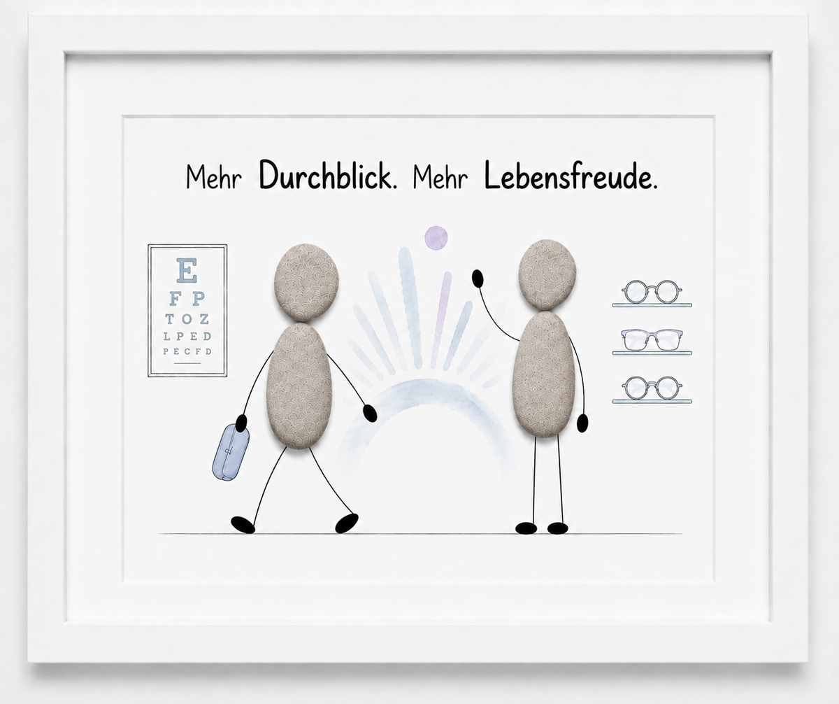 Kieselsteinbild Mehr Durchblick, mehr Lebensfreude – Geschäftseröffnung Optiker, handgemachtes Steinbild