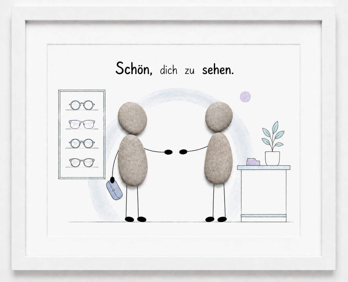 Kieselsteinbild Schön, dich zu sehen – Geschäftseröffnung Optiker, handgemachtes Steinbild