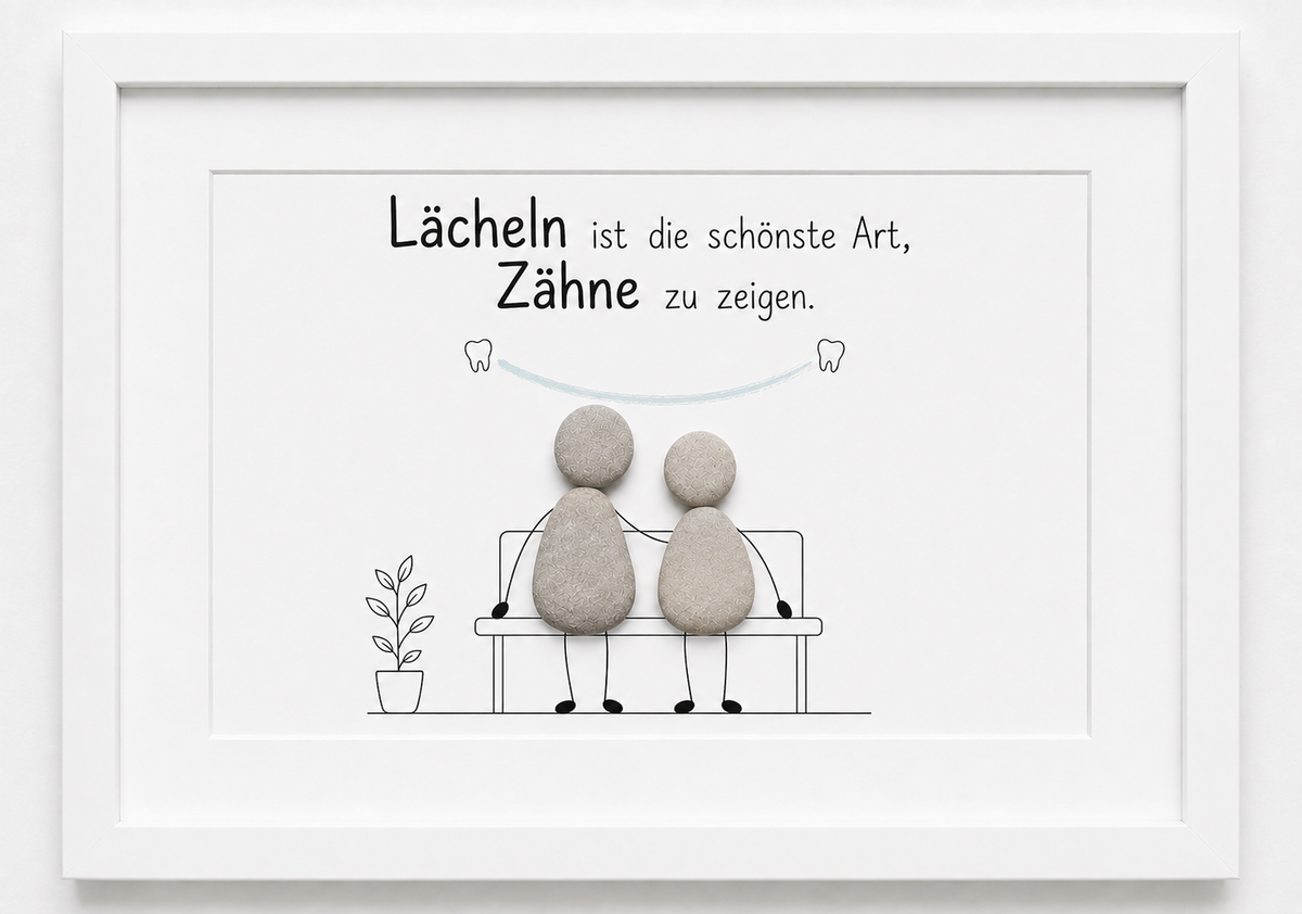 Kieselsteinbild Lächeln ist die schönste Art, Zähne zu zeigen – Geschäftseröffnung Zahnarzt, handgemachtes Steinbild