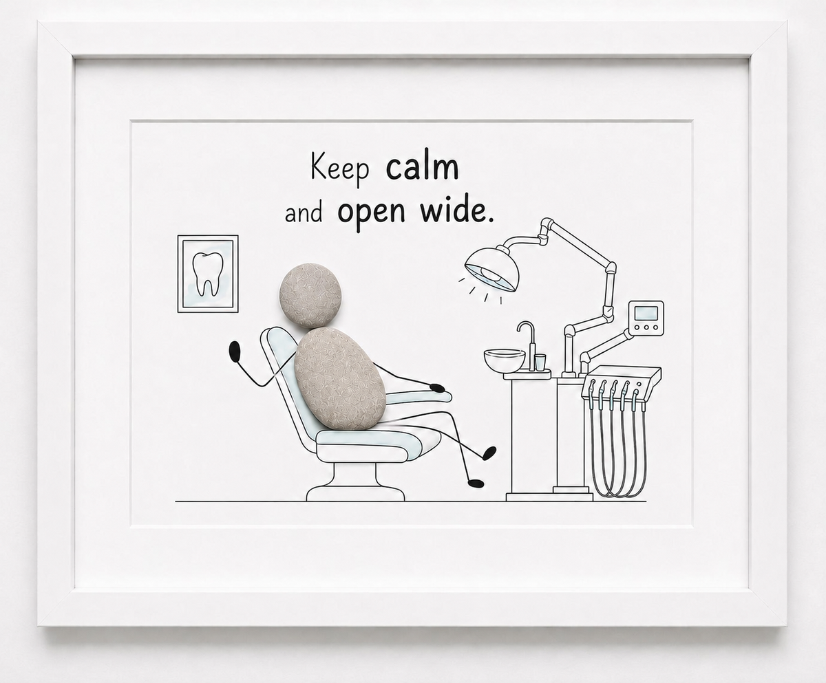 Kieselsteinbild Keep calm and open wide – Geschäftseröffnung Zahnarzt, handgemachtes Steinbild