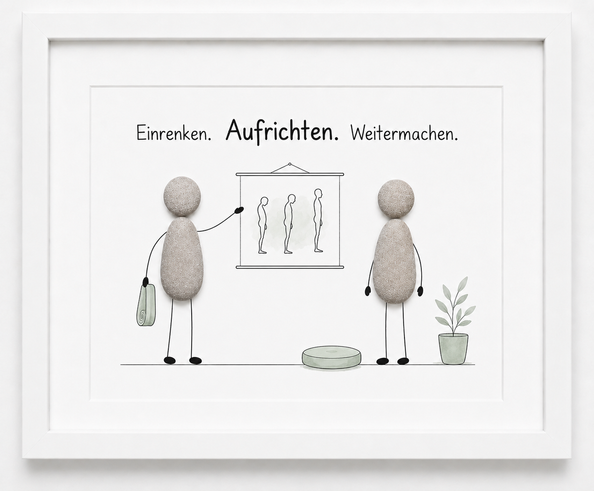 Kieselsteinbild Einrenken, Aufrichten, Weitermachen – Geschäftseröffnung Physiotherapeut, handgemachtes Steinbild