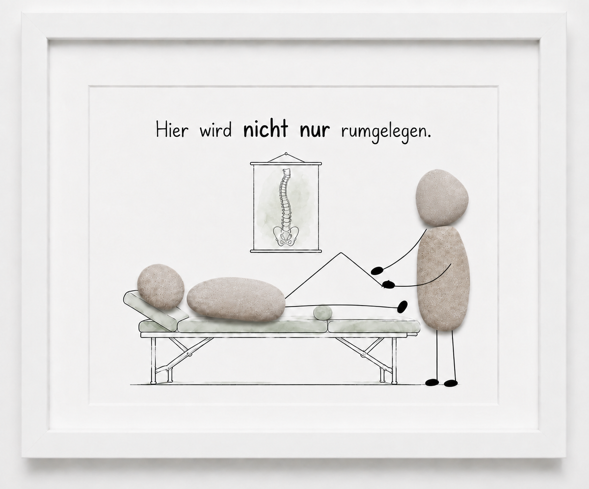 Kieselsteinbild Hier wird nicht nur rumgelegen – Geschäftseröffnung Physiotherapeut, handgemachtes Steinbild