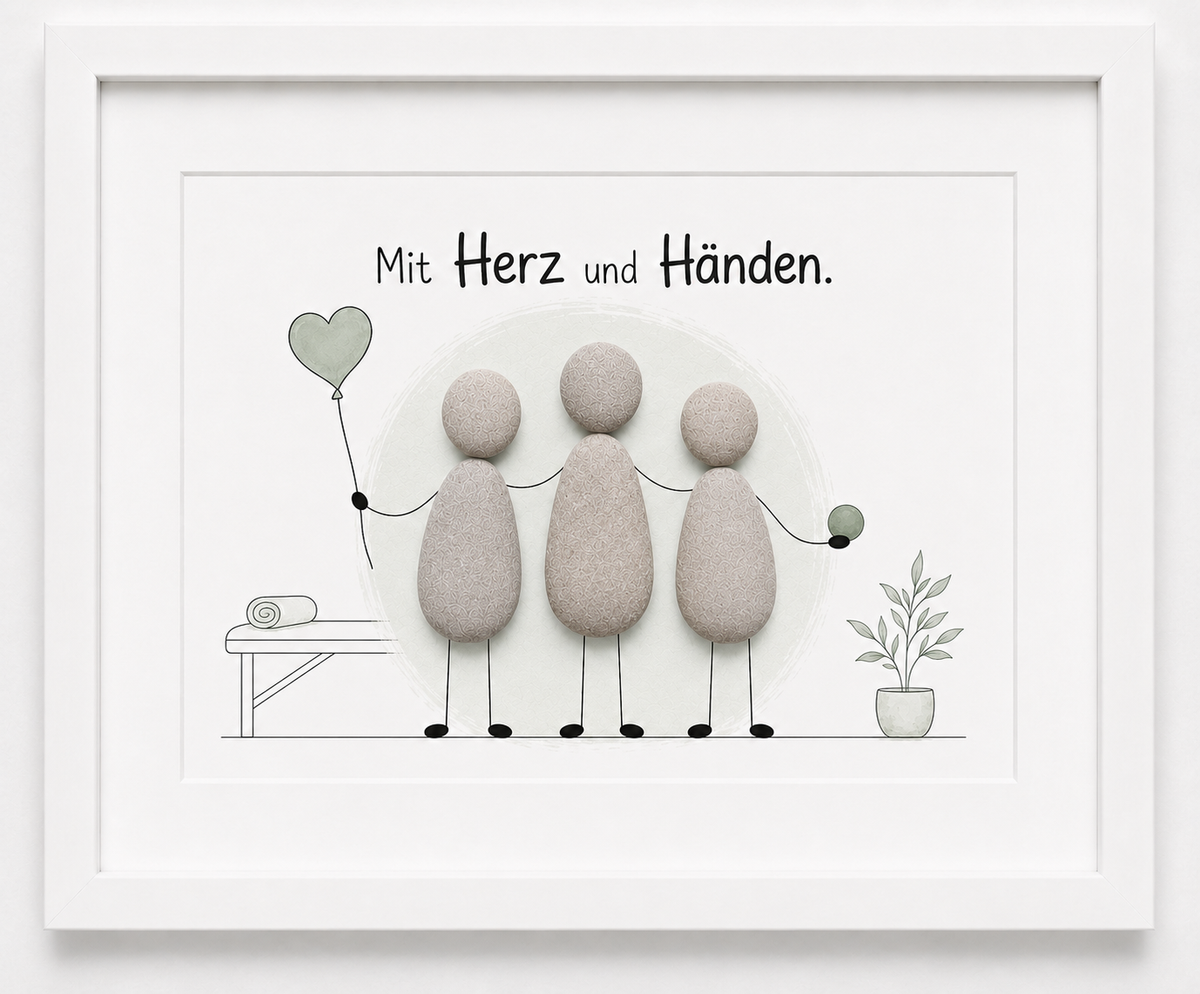 Kieselsteinbild Mit Herz und Händen – Geschäftseröffnung Physiotherapeut, handgemachtes Steinbild