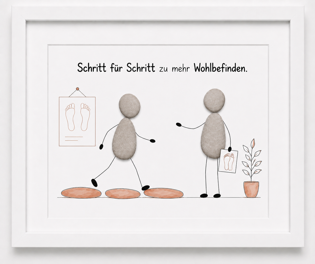 Kieselsteinbild Schritt für Schritt zu mehr Wohlbefinden – Geschäftseröffnung Podologe, handgemachtes Steinbild