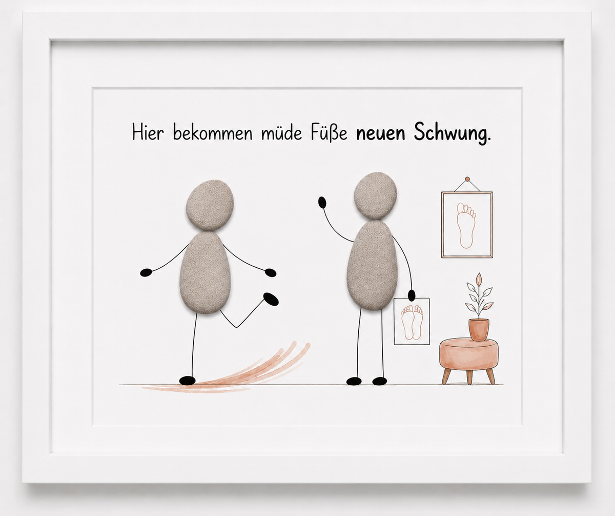 Kieselsteinbild Hier bekommen müde Füße neuen Schwung – Geschäftseröffnung Podologe, handgemachtes Steinbild