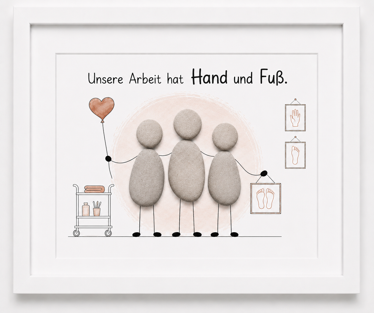 Kieselsteinbild Unsere Arbeit hat Hand und Fuß – Geschäftseröffnung Podologe, handgemachtes Steinbild
