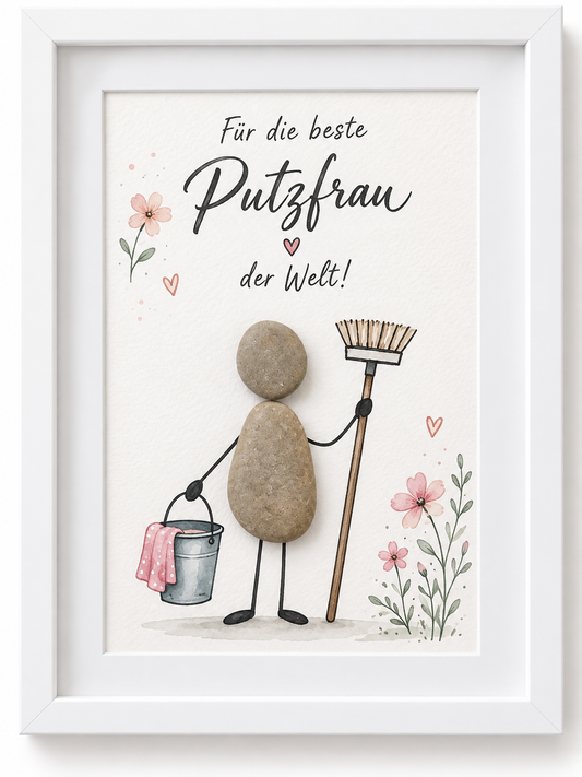 Kieselsteinbild Für die beste Putzfrau der Welt – Dankeschön-Geschenk, handgemachtes Steinbild