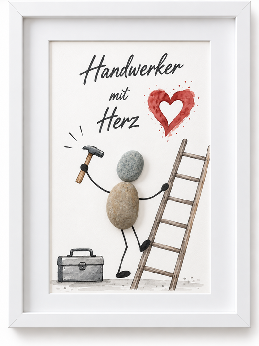 Kieselsteinbild Handwerker mit Herz – Dankeschön-Geschenk, handgemachtes Steinbild