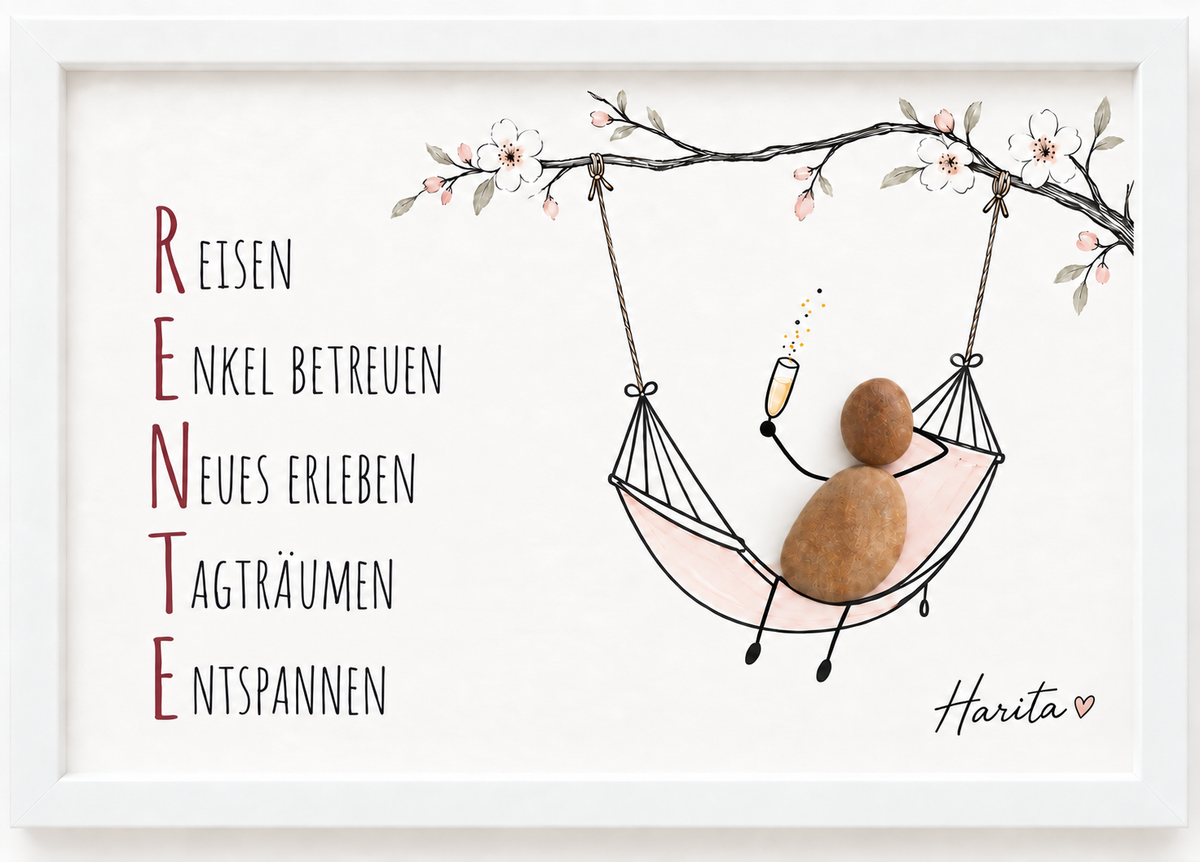 Kieselsteinbild RENTE Reisen Enkel betreuen Neues erleben – Geschenk zum Ruhestand, handgemachtes Steinbild