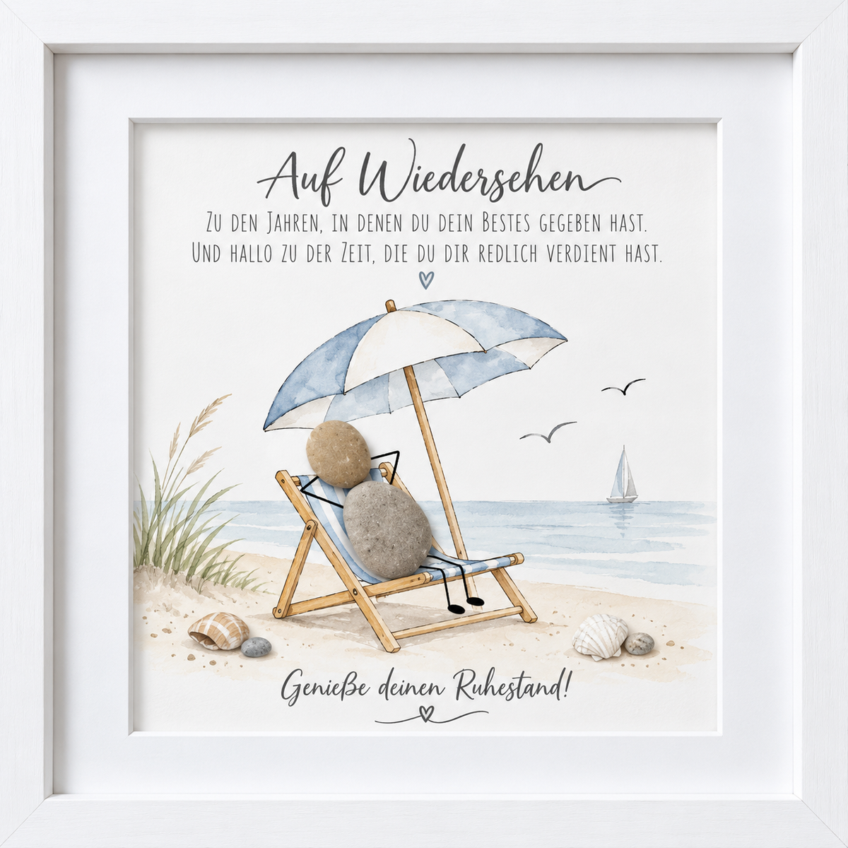 Kieselsteinbild Rentnerpaar im Strandkorb unter Sonnenschirm am Meer „Auf Wiedersehen. Zu den Jahren, in denen du dein Bestes gegeben hast. Und hallo zu der Zeit, die du dir redlich verdient hast. Genieße deinen Ruhestand!“ – Geschenk zum Ruhestand, handgemachtes Steinbild