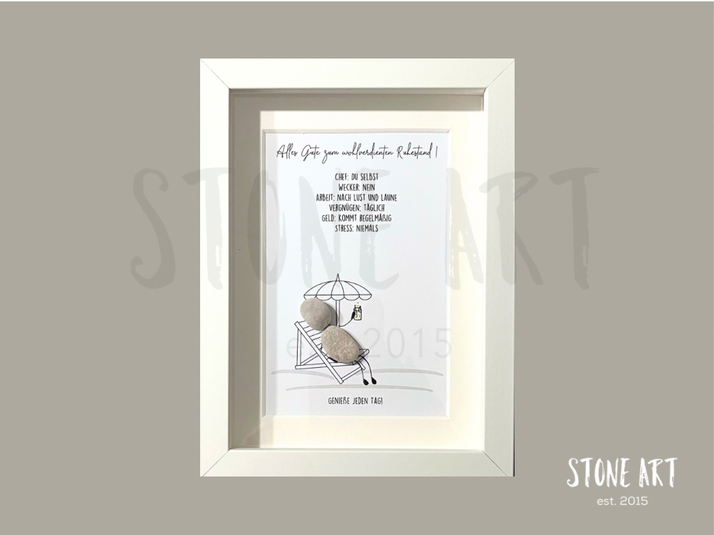  Steinbild „Alles Gute zum wohlverdienten Ruhestand" mit Liegestuhl – Kieselsteine handgemacht