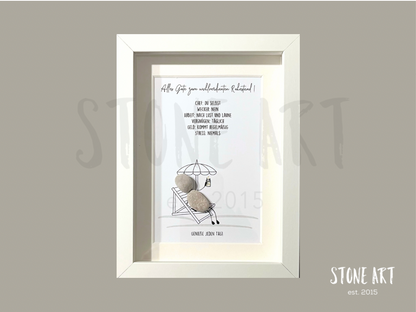  Steinbild „Alles Gute zum wohlverdienten Ruhestand" mit Liegestuhl – Kieselsteine handgemacht