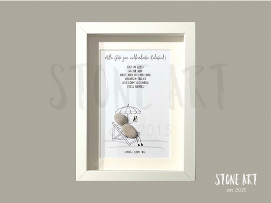  Steinbild „Alles Gute zum wohlverdienten Ruhestand" mit Liegestuhl – Kieselsteine handgemacht