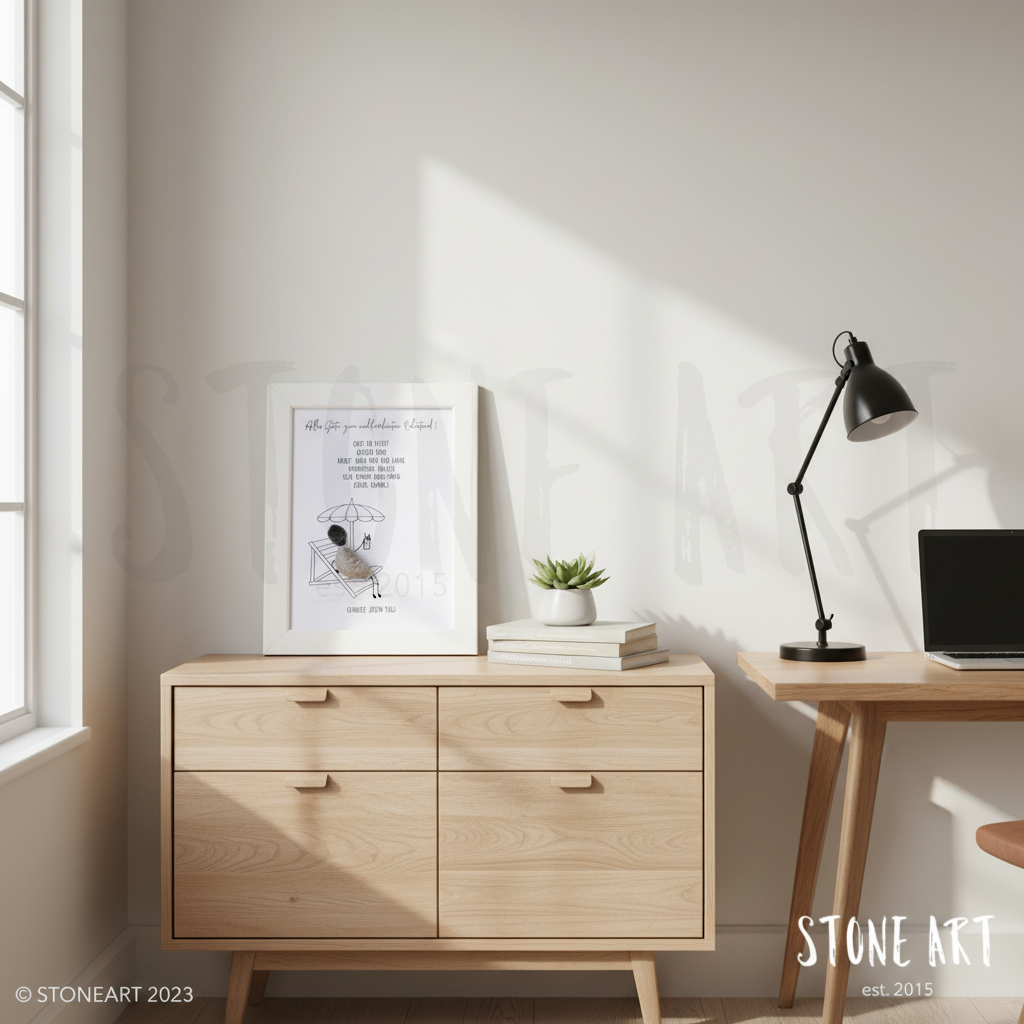 Steinbild wohlverdienter Ruhestand gerahmt im Wohnzimmer – handgemachtes Abschiedsgeschenk Rente