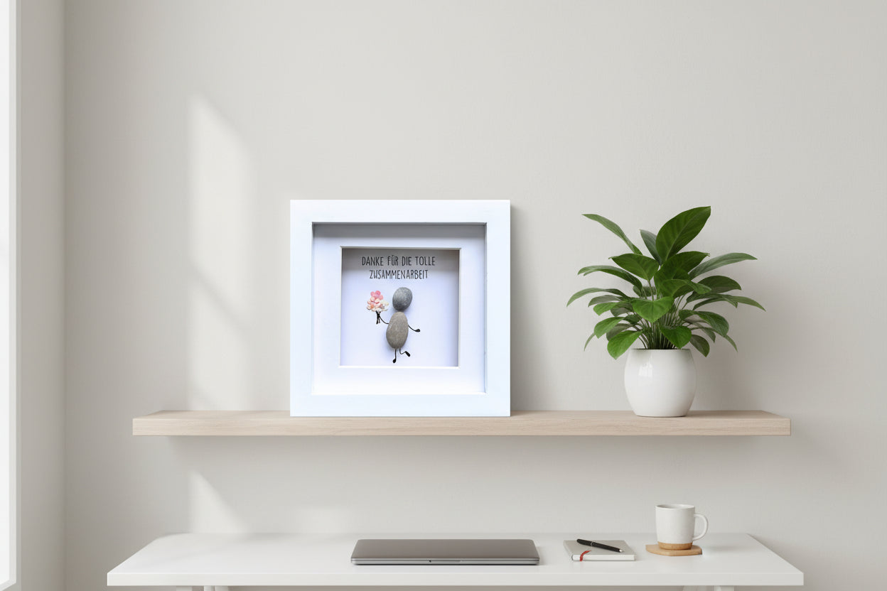 Steinbild Danke Zusammenarbeit gerahmt im Büro – handgemachtes Mitarbeitergeschenk personalisiert