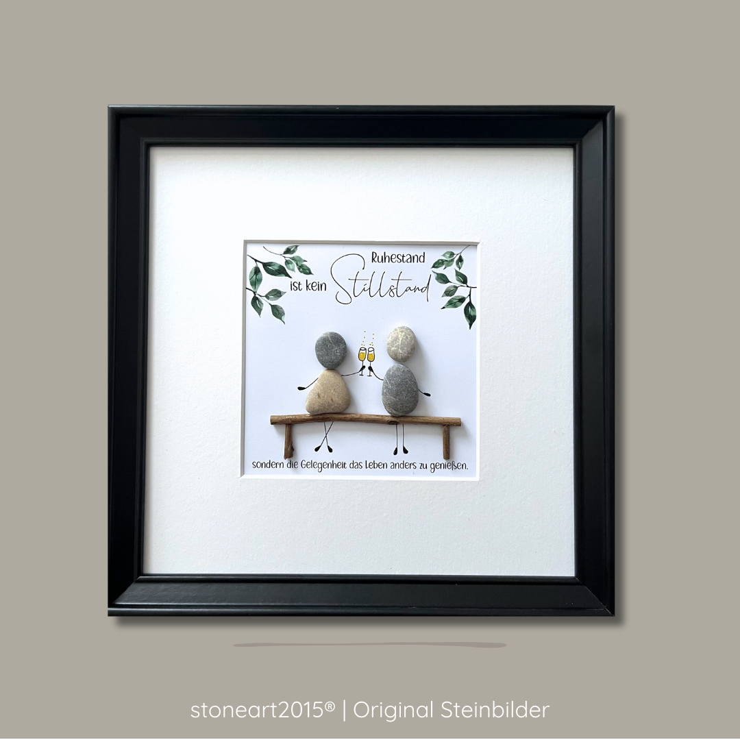 Steinbild Ruhestand – Spruch „Ruhestand ist kein Stillstand", Kieselsteine handgemacht