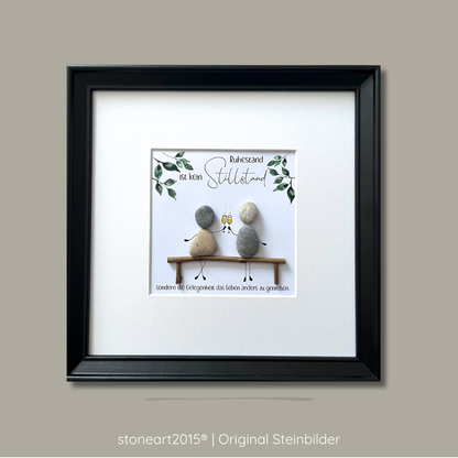 Steinbild Ruhestand – Spruch „Ruhestand ist kein Stillstand", Kieselsteine handgemacht