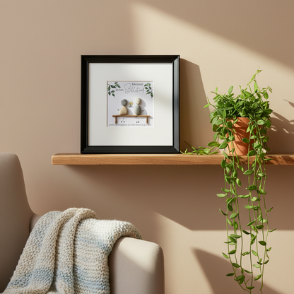Steinbild Ruhestand gerahmt im Wohnzimmer – handgemachtes Abschiedsgeschenk zum Renteneintritt