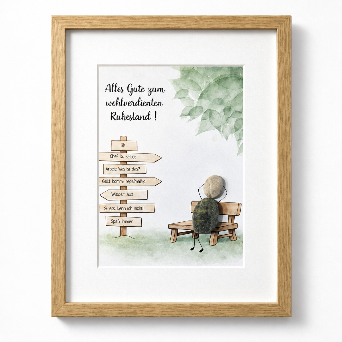 Handgemachtes Steinbild mit Spruch zum Ruhestand – persönliches Abschiedsgeschenk aus Naturstein