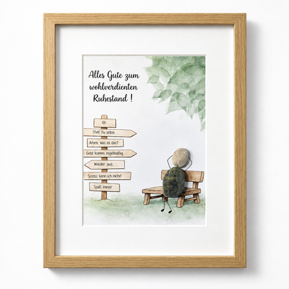 Handgemachtes Steinbild mit Spruch zum Ruhestand – persönliches Abschiedsgeschenk aus Naturstein