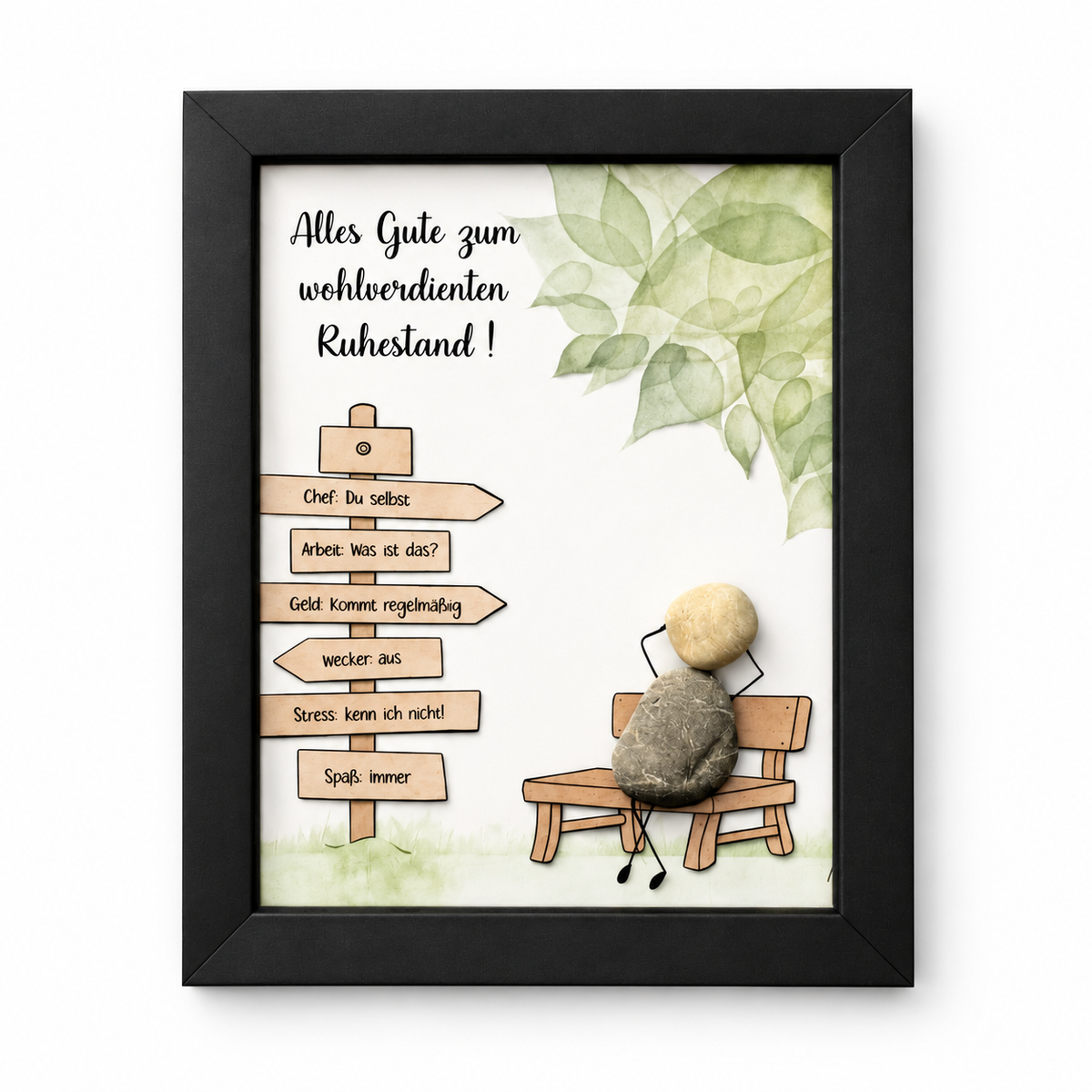 Handgemachtes Steinbild mit Spruch zum Ruhestand – persönliches Abschiedsgeschenk aus Naturstein