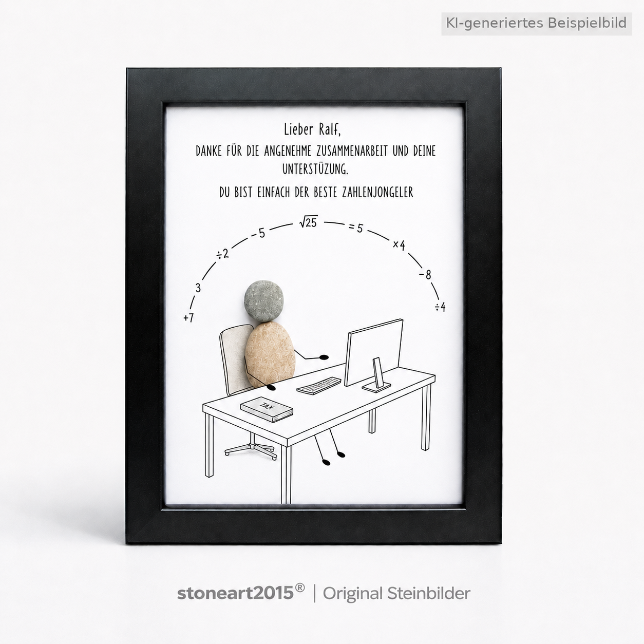 Kieselsteinbild Zahlenjongleur – Dankeschön Buchhaltung, handgemachtes Steinbild