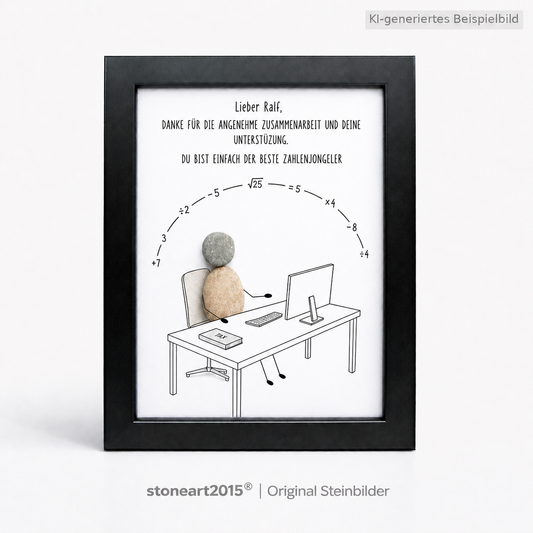 Kieselsteinbild Zahlenjongleur – Dankeschön Buchhaltung, handgemachtes Steinbild