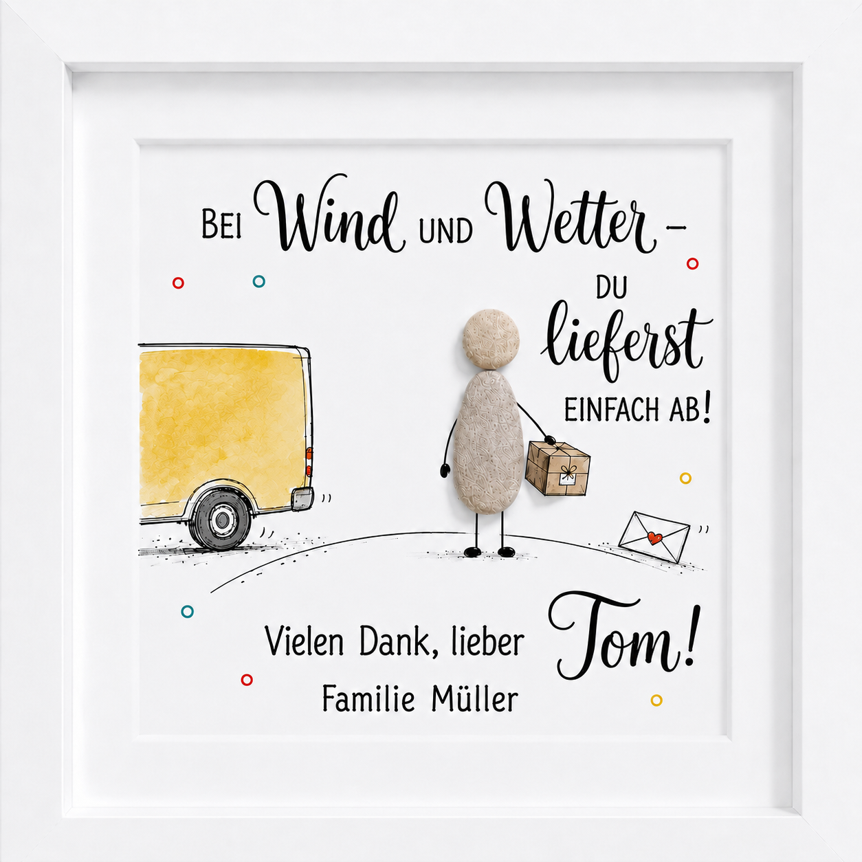 Kieselsteinbild Bei Wind und Wetter – Dankeschön für die Postbotin, handgemachtes Steinbild